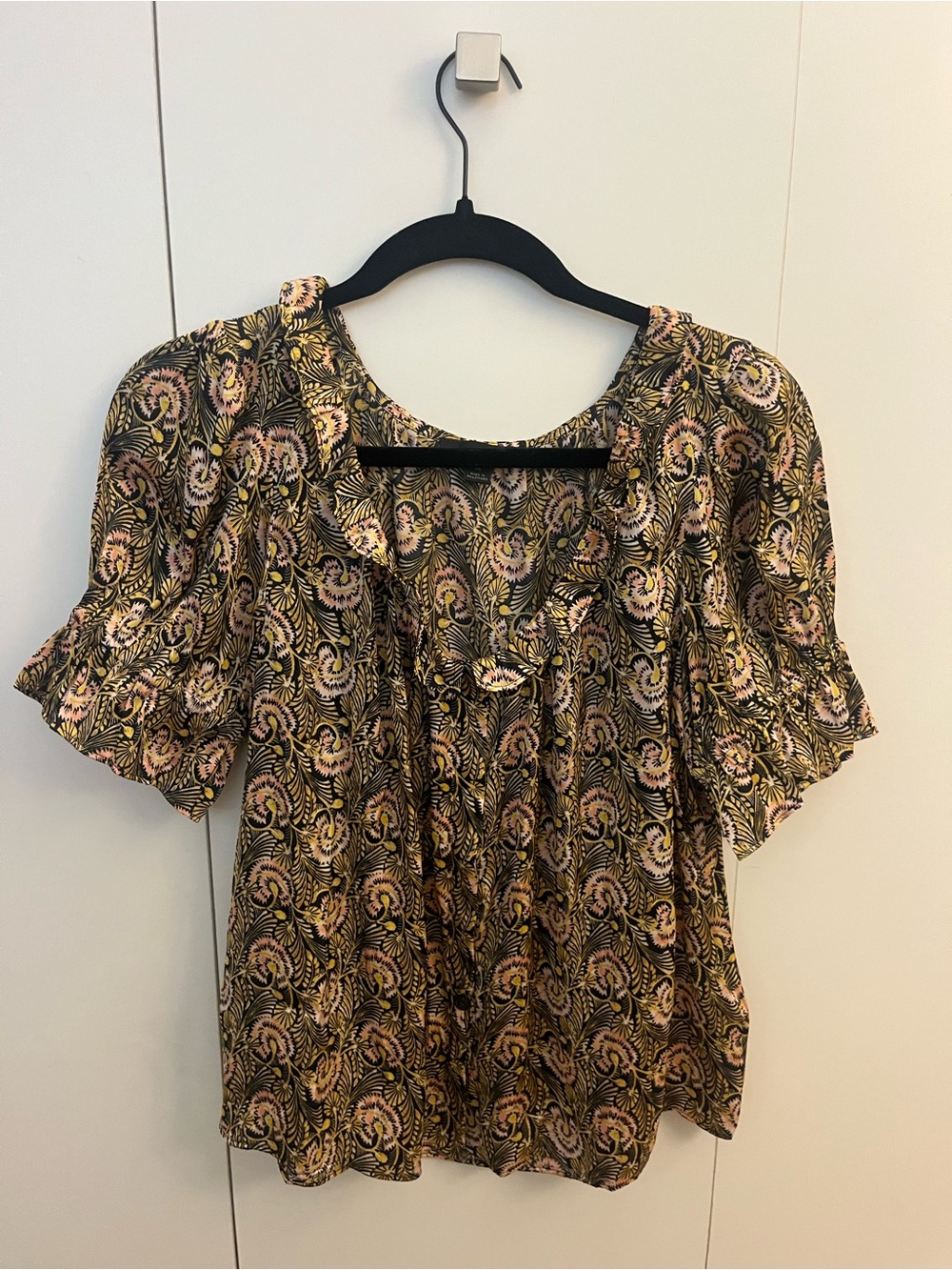 J. Crew Black Blouse with Pink and Gold Paisley Print